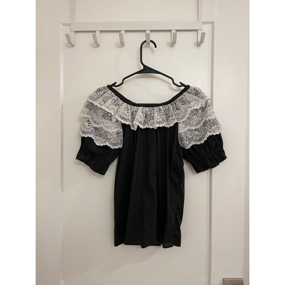 Vintage 70s Cottagecore Off The Shoulder Lace Puff Sleeve Black Blouse